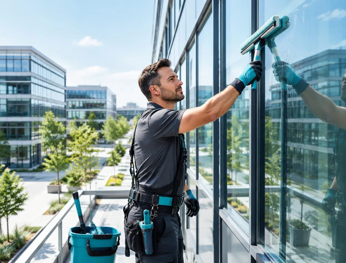 Professionelle Glasreinigung an einer modernen Fassade